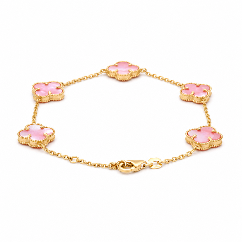 14K Yellow Gold Five Pink Clovers Women's Bracelet / Size: 7" 11MM / Weight: 4.3 GR / CQWB4CLV