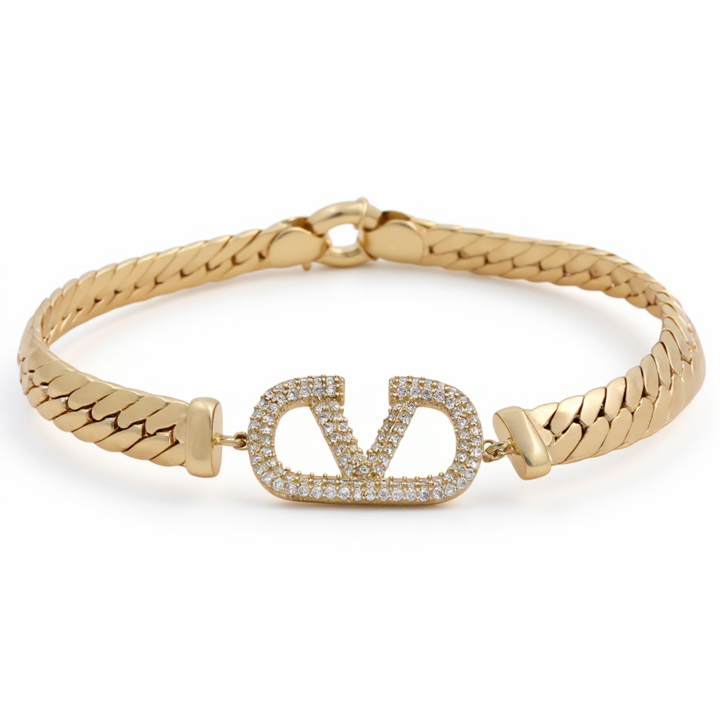 10K Yellow Gold Fashion Cuban Link Women's V Bracelet with Cz / Size: 7.5" / Weight: 7.4 GR / DQWB0VCL