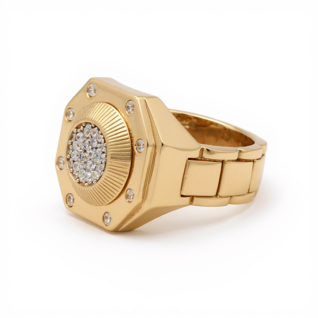 14K Yellow Gold Fashion Men’s Ring with White Stones / Size 10.5 / Weight: 8.2 GR / DOMR4FS-17