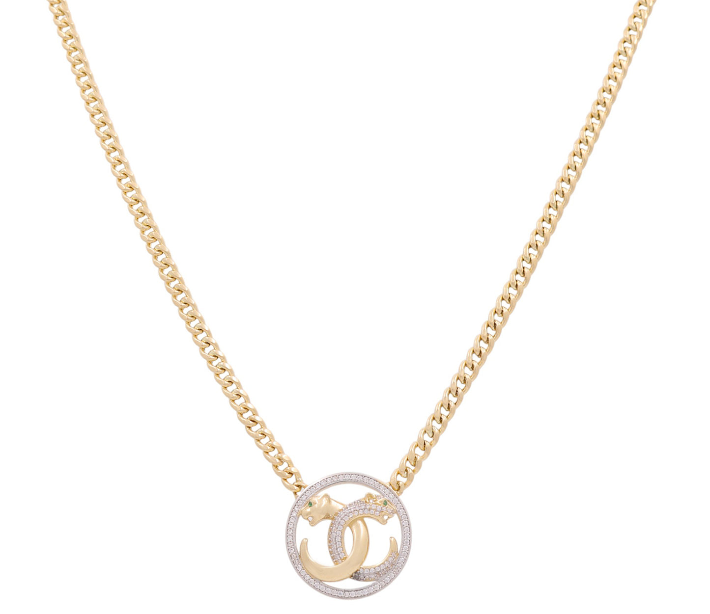 14K Yellow Gold Cuban Link Women's CC Necklace with Panthers and Cz / Size: 18" / Weight: 15 GR / DONK4CCPT
