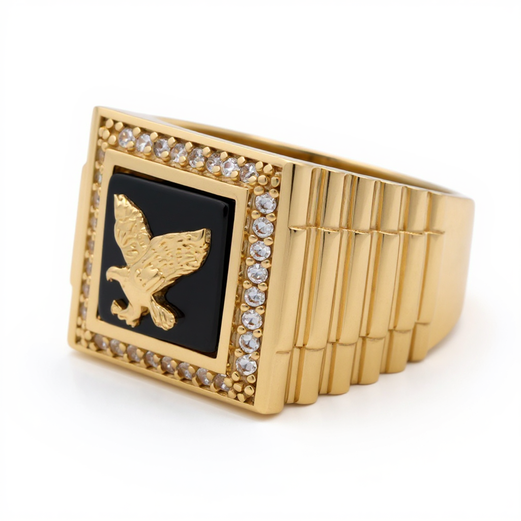 10K Yellow Gold SQ Eagle Men's Ring with Onyx and Cz / Size: 10.5 / Weight: 8.4 GR / CQMR0EG-1