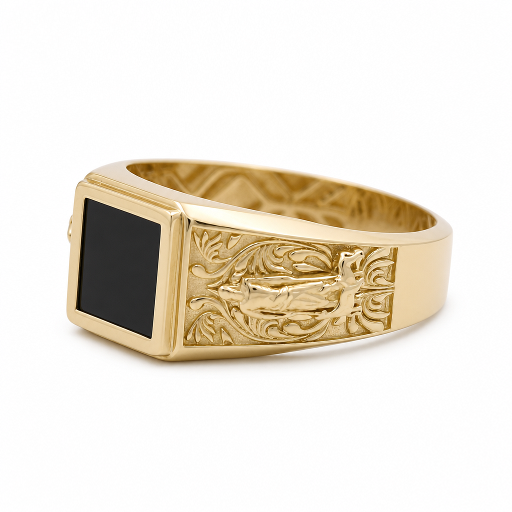 10K Yellow Gold SQ Men's Ring with Onyx and San Lazaro / Size: 12 / Weight: 6.1 GR / CQMR0SL