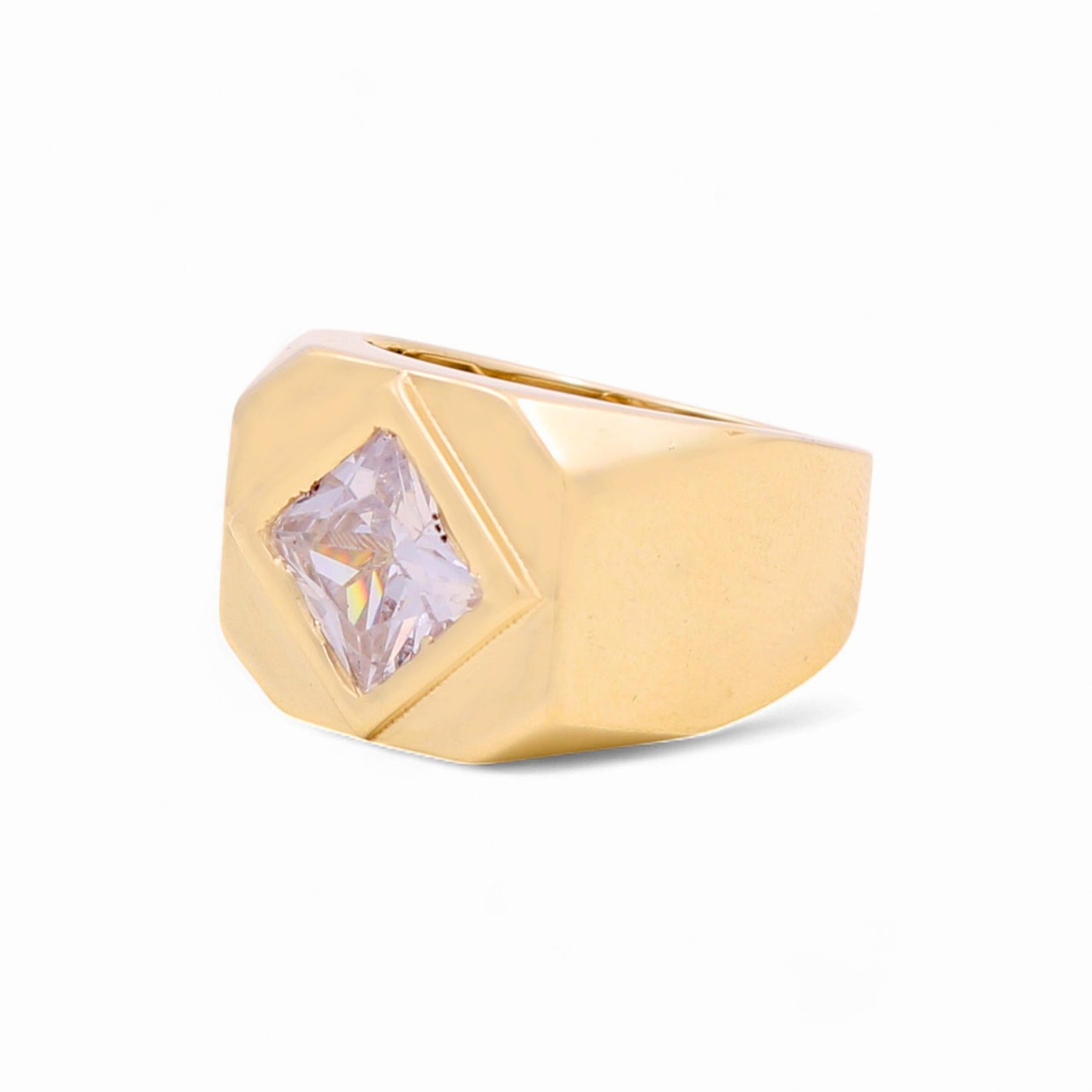 14K Yellow Gold Rhombus Men's Ring with White Cz / Size: 10 / Weight: 7.6 GR / BOMR4FS-43