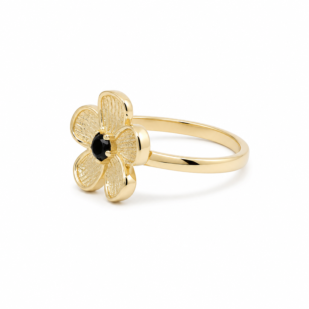 14K Yellow Gold Flower Women's Ring with Black Cz / Size: 7.25 / Weight: 1.7 GR / DQWR4FL-13