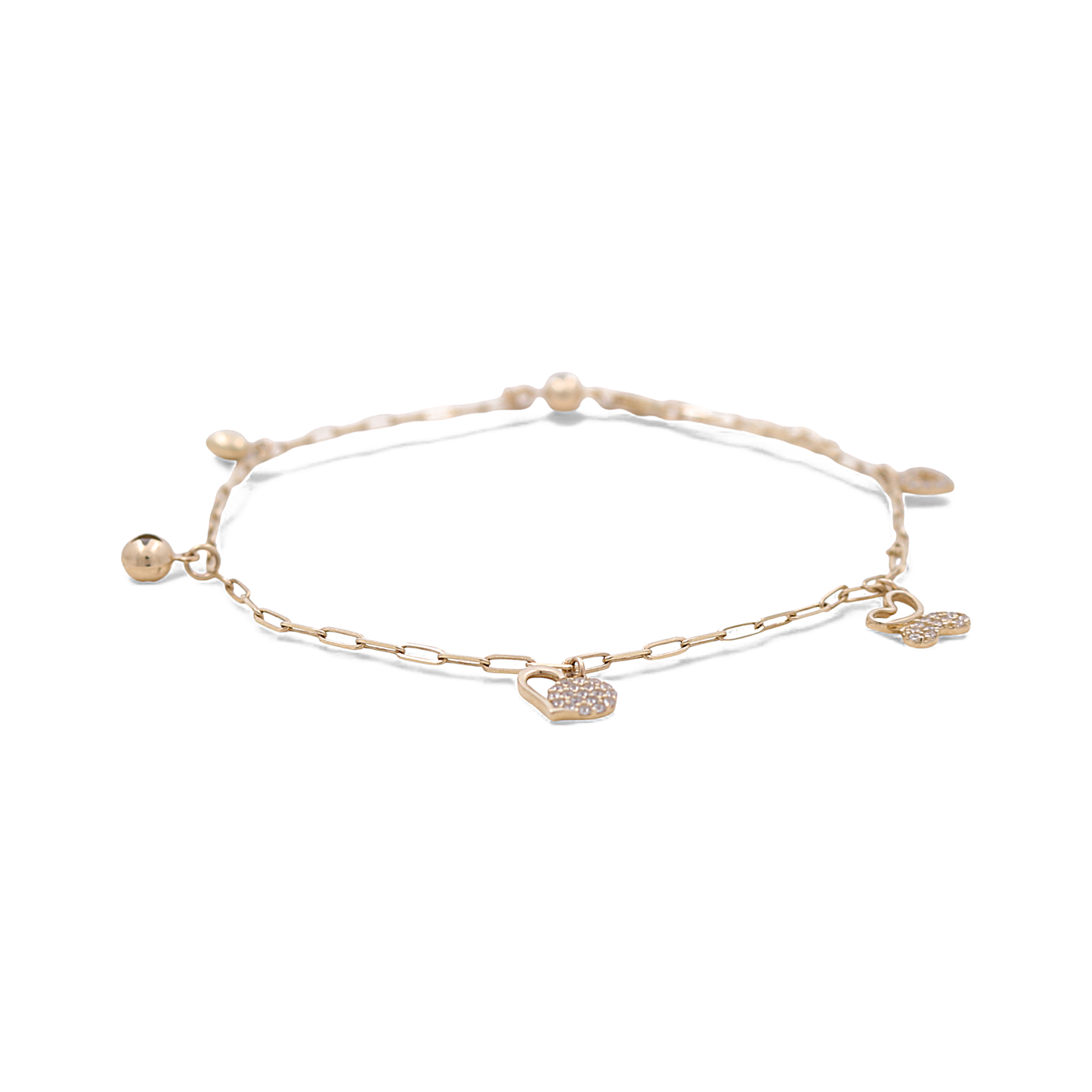 14k Yellow Gold Paper Clip Link Women's Anklet Bracelet with Charms and Cz / Size: 10.5" / Weight: 4.8 GR / CCFAB4PC-2