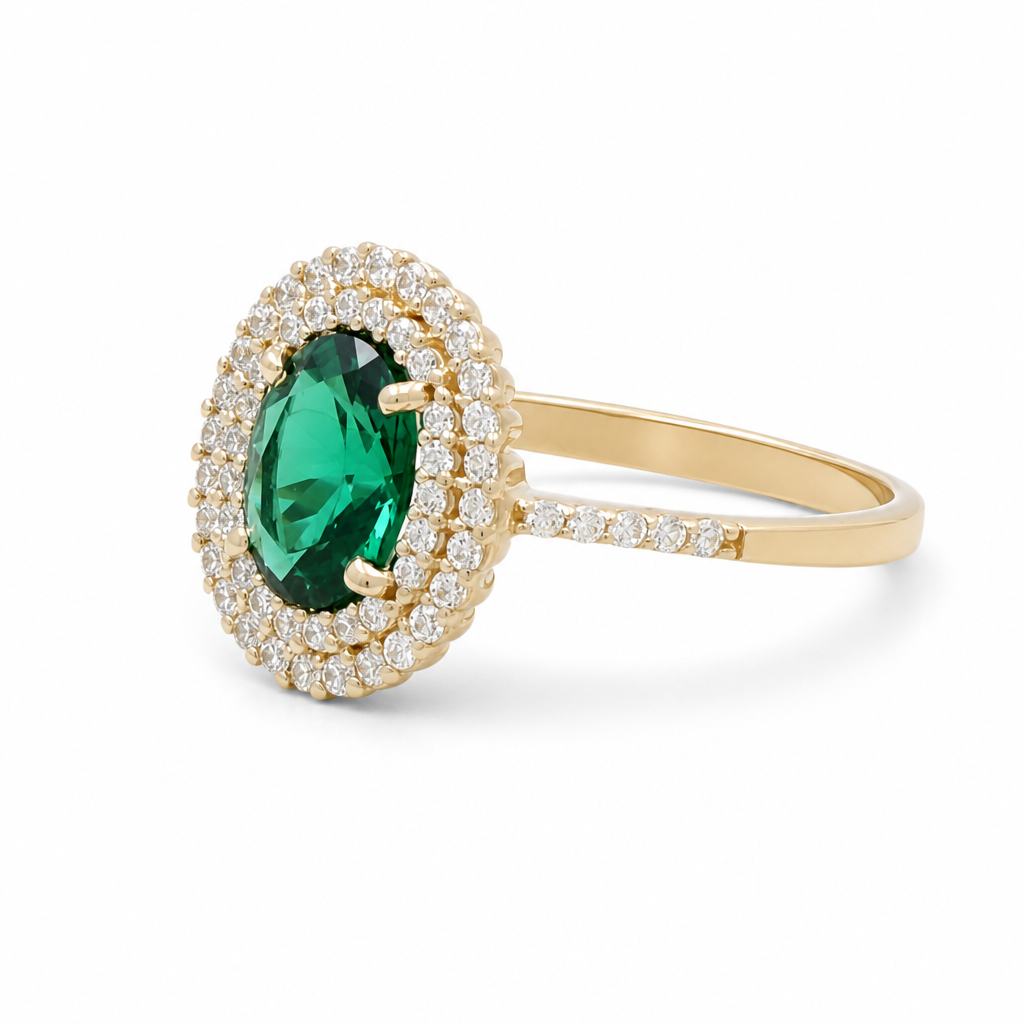 14K Yellow Gold Fashion Women's Rings with Green and White Cz Stone / Size: 7.5 /Weight: 3.1 GR / 308-00171