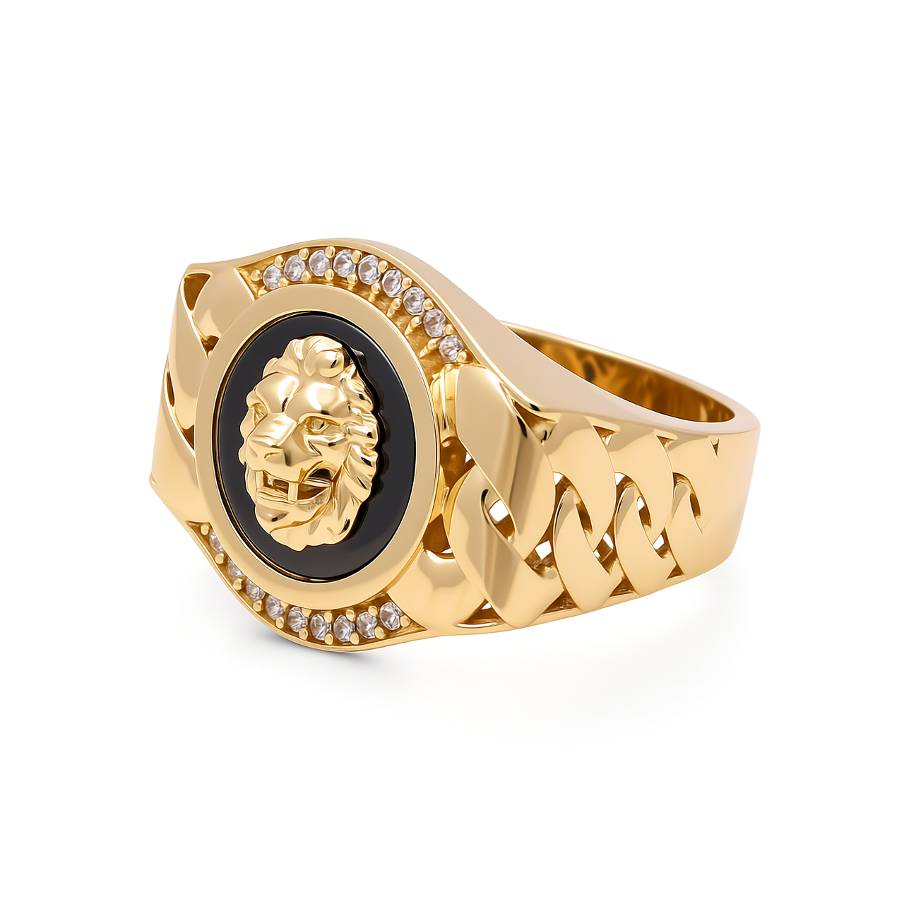 10K Yellow Gold Lion RD Men's Ring with Onyx and Cz / Size: 10.5 / Weight: 7.4 GR / P04FM-693