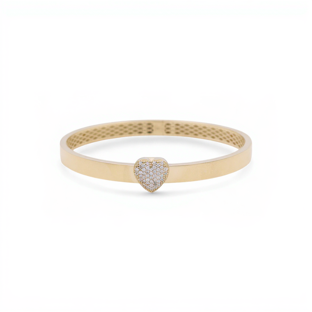 10K Yellow Gold Semisolid Heart Women’s Bangle Bracelet with Cz / Weight: 9.2 GR / CQBB0HR