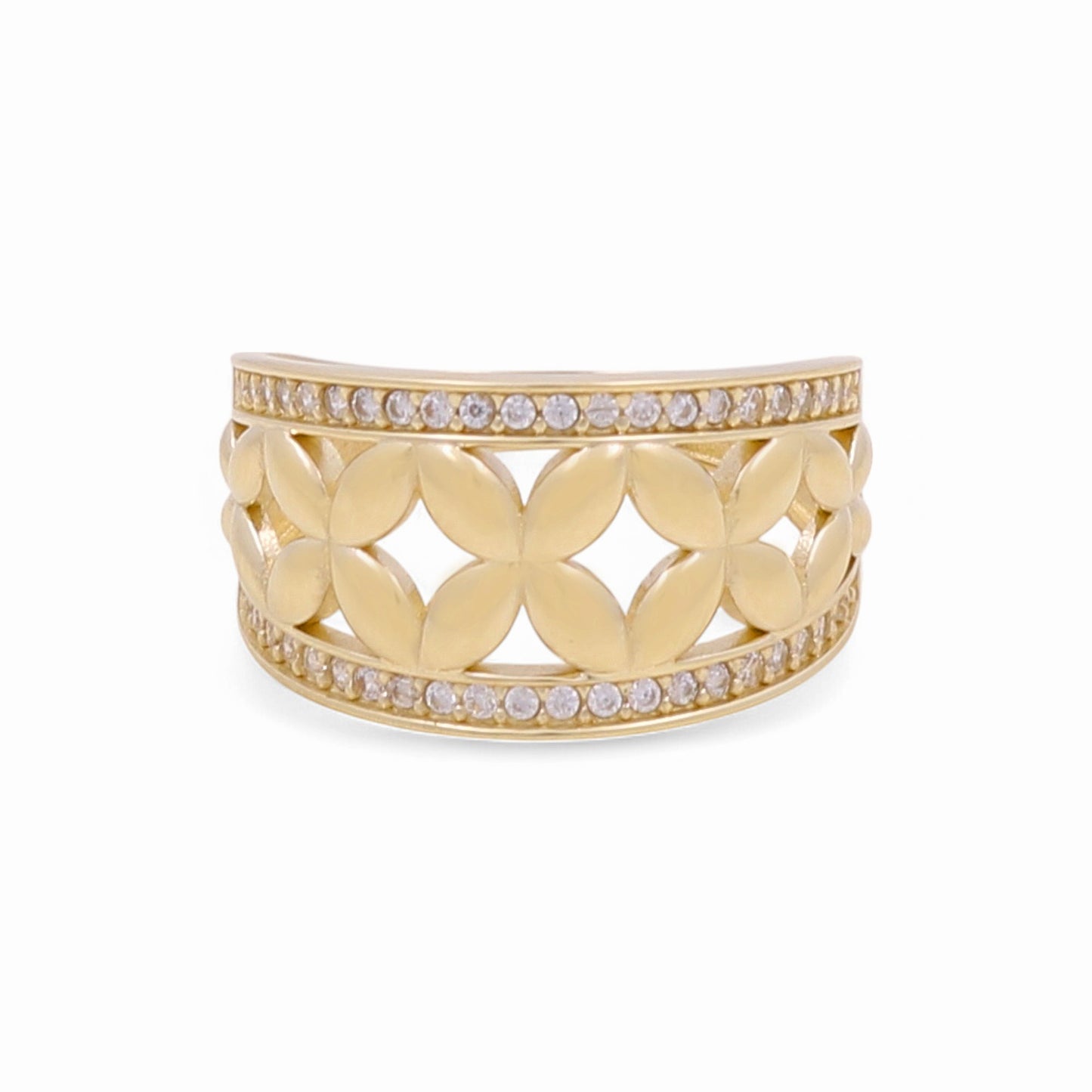 14K Yellow Gold Flowers Women's Ring with White Cz / Size: 9 / Weight: 3.2 GR / DQWR4FL-4
