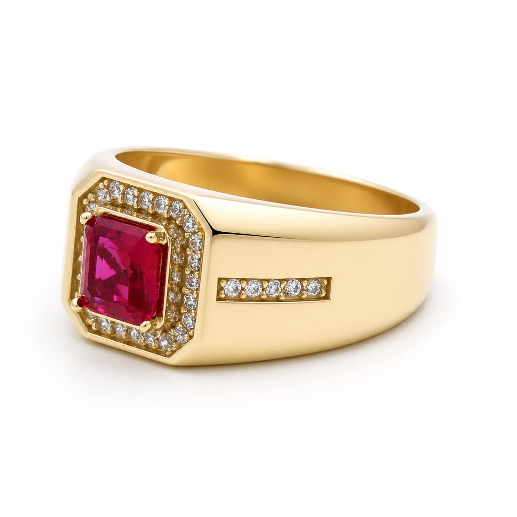 10K Yellow Gold Men's Ring with Cz and Red Stone / Size: 10 / Weight: 5.1GR / 602-00214