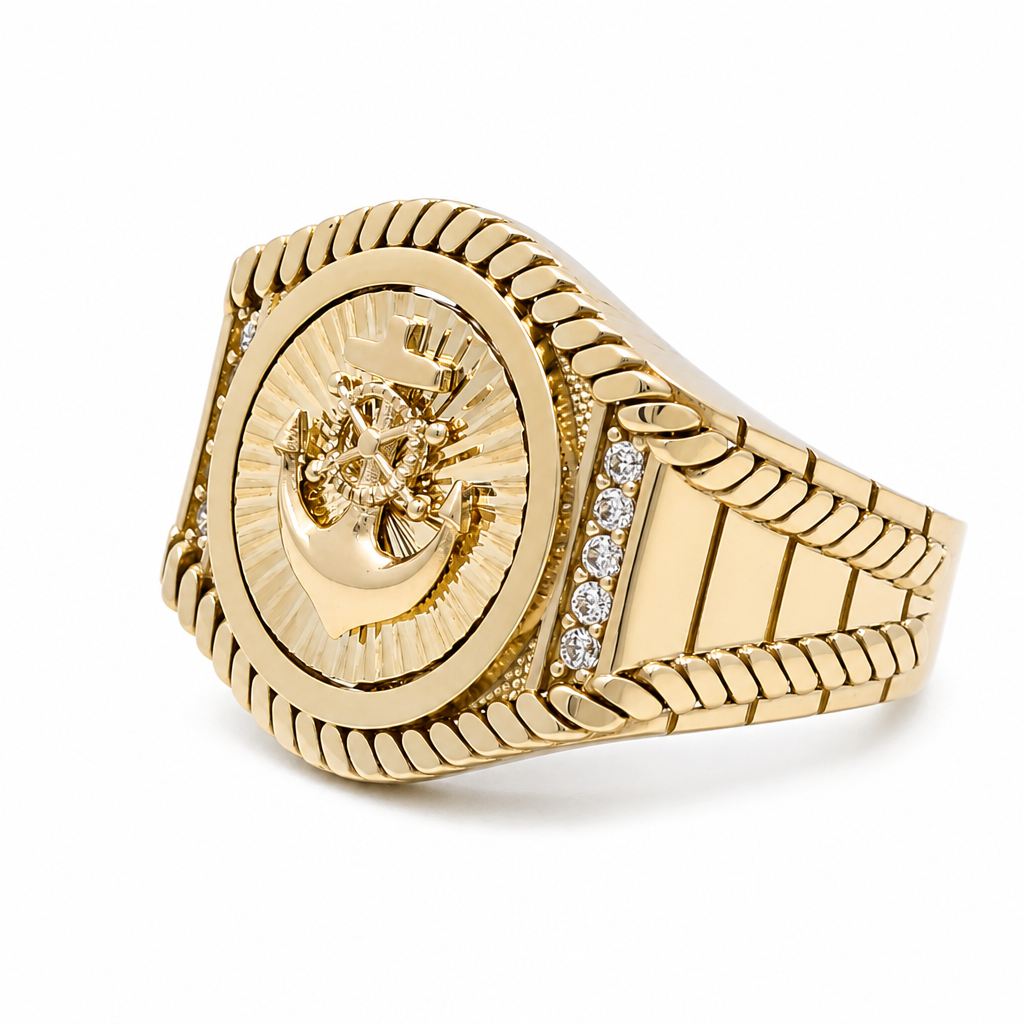 10K Yellow Gold Anchor Men's Ring with Cz / Size: 11.5 / Weight: 7.6 GR / DQMR0AN