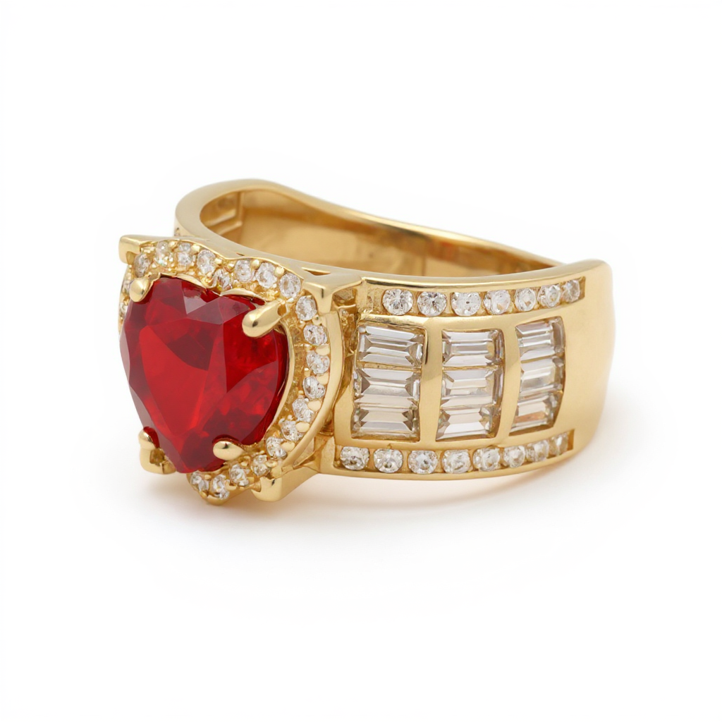 14K Yellow Gold Baguette Heart Women's Ring with Orange and White Cz / Size: 7.5 / Weight: 5.4 GR / BOWR4HR-15