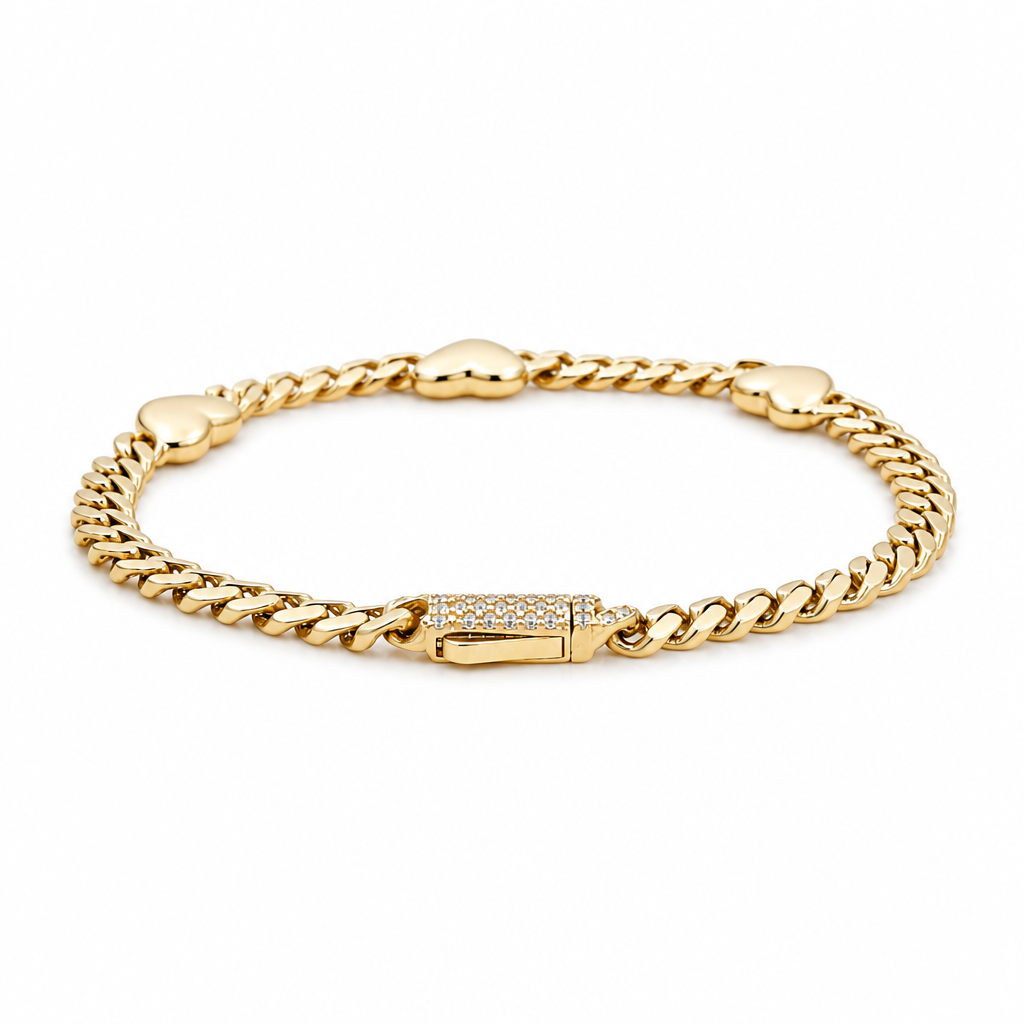 10K Yellow Gold Monaco Women's Bracelet with Three Hearts / CZ / Size: 4mm 6.5" / Weight: 4.7 GR / DQWB0MONHR-5