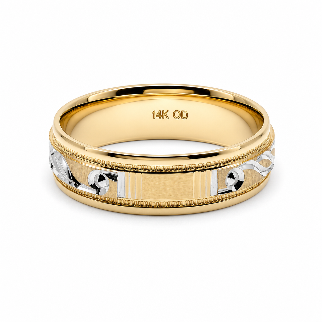 14K Yellow and White Gold Men's Wedding Band With Design / Size: 10 / Weight: 4.9 GR / WBEEMWBTT4DS-1