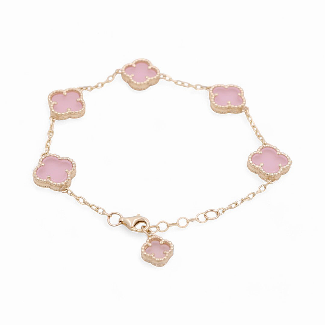 14K Yellow Gold Women's Bracelet with 5 Pink Clover / Size 7" / Weight 8.5 GR / BOWB4CLV-6