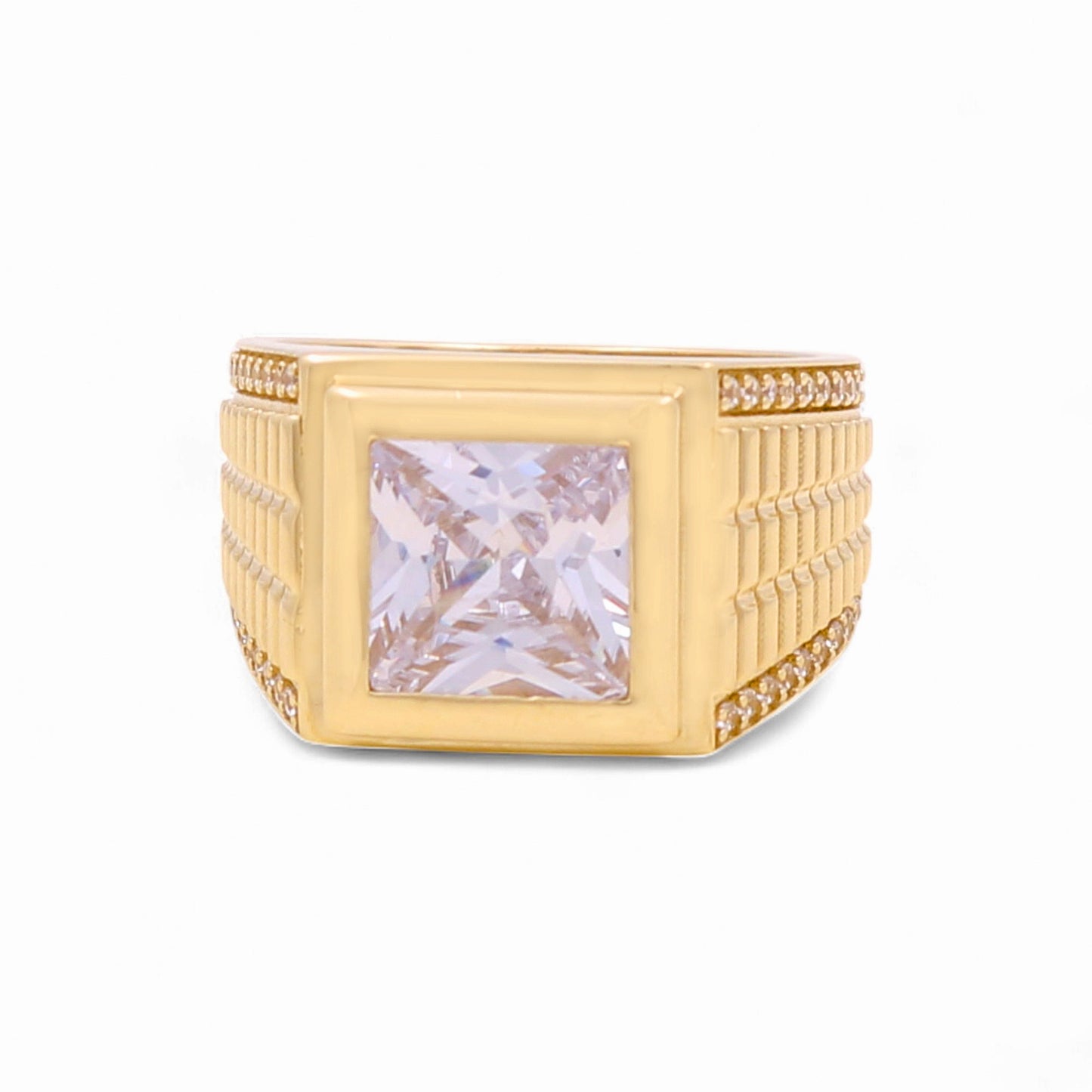 14K Yellow Gold Fashion Square Men's Ring with White Cz / Size 10 / Weight: 9.3 GR / BOMR4FS-41