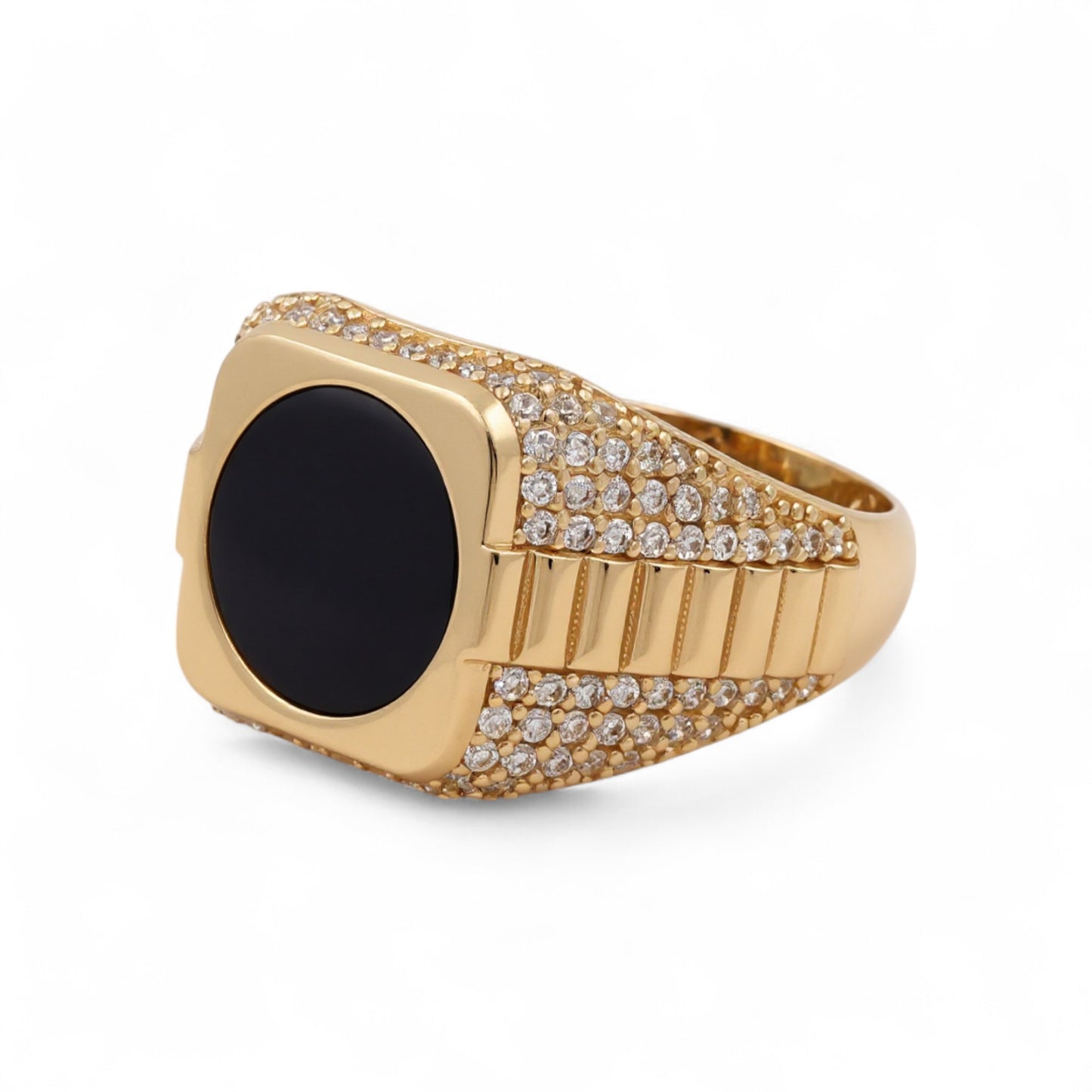 14K Yellow Gold Fashion SQ Men's Ring with Onyx and Cz / Size: 11 / Weight: 7.6 GR / CQMR4FS-1