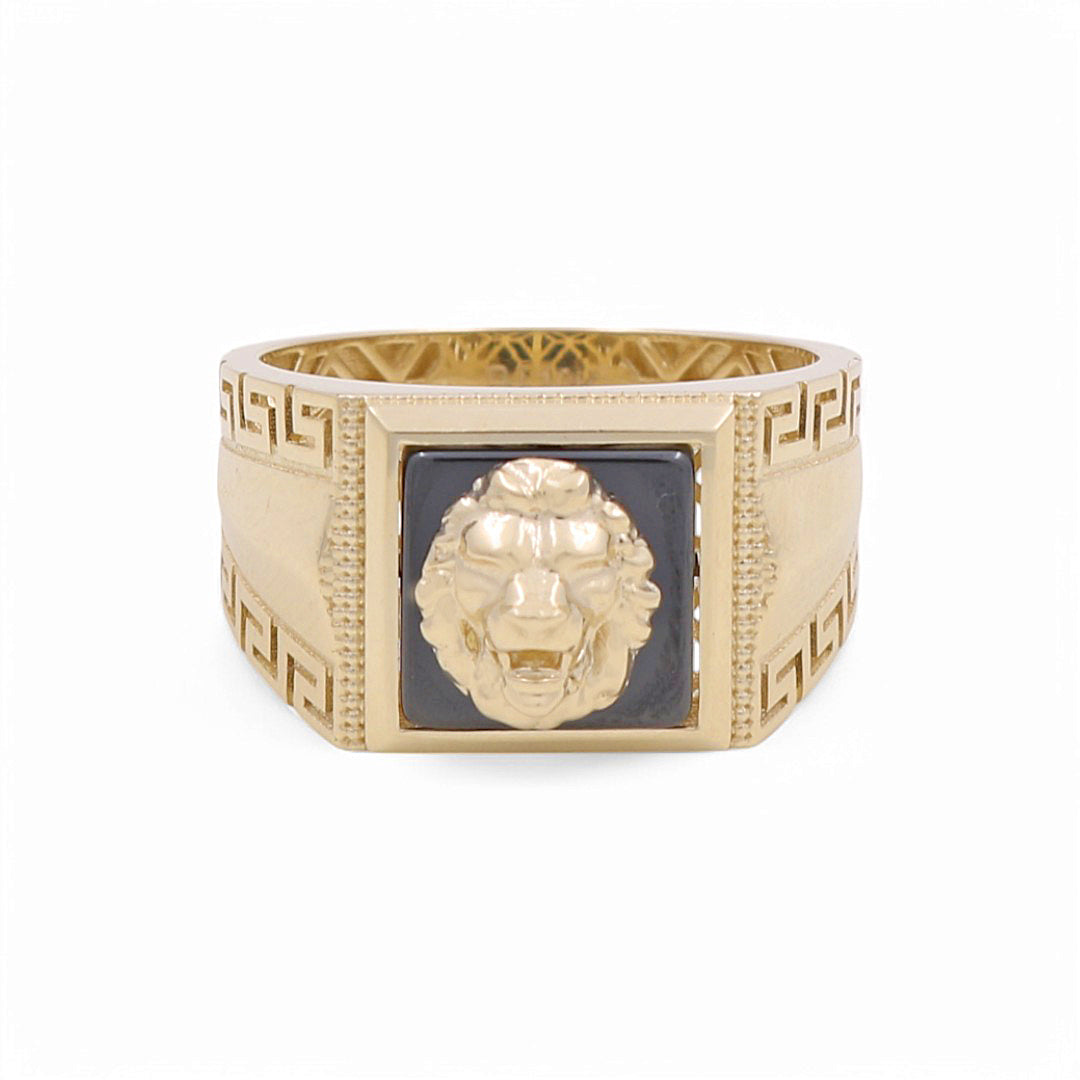 10K Yellow Gold Lion SQ Men's Ring with Greek and Onyx / Size: 9.5 / Weight: 5.8 GR / BPMR0LNGR