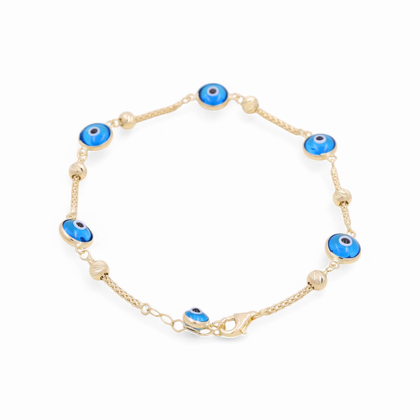 14K Yellow Gold Women's Five Evil Light Blue Eye Bracelet / Size: 7" / Weight: 3.9 GR / BOWB4EY-1