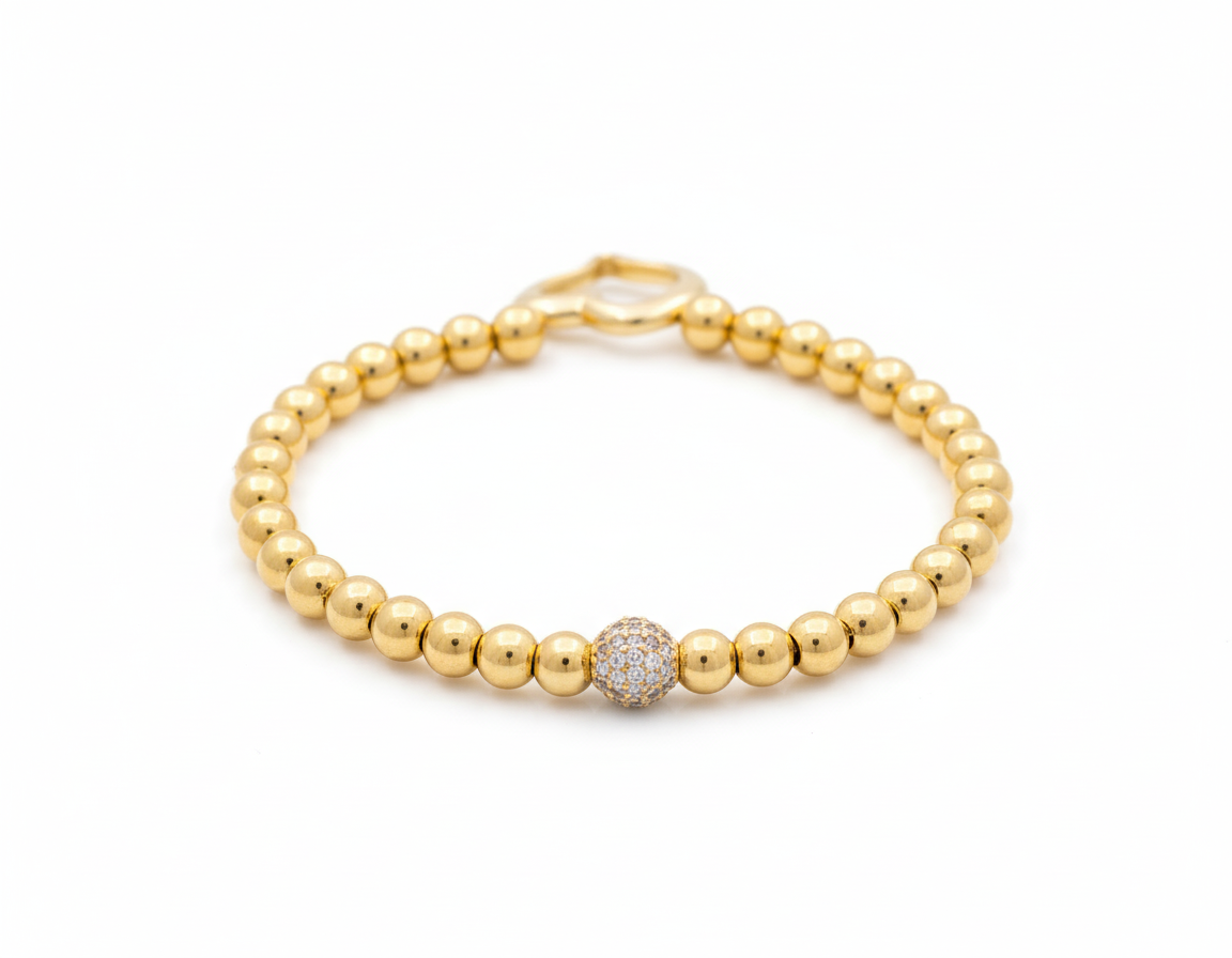 10K Yellow Gold Balls with Heart Women's Bracelet / Stone: Cz / Weight: 8.1 GR / P85B-36