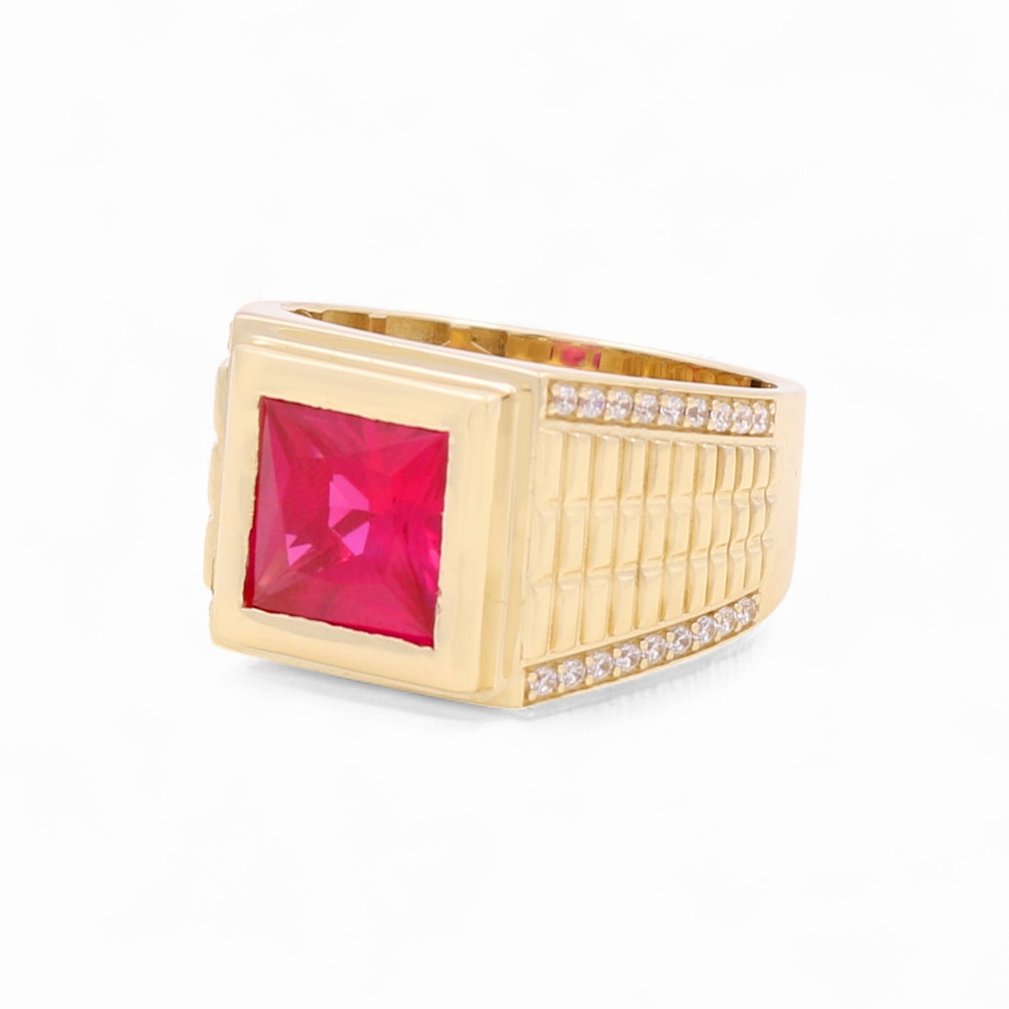 14K Yellow Gold Fashion Square Men's Ring with Red Cz / Size 11 / Weight: 9 GR / BOMR4FS-41