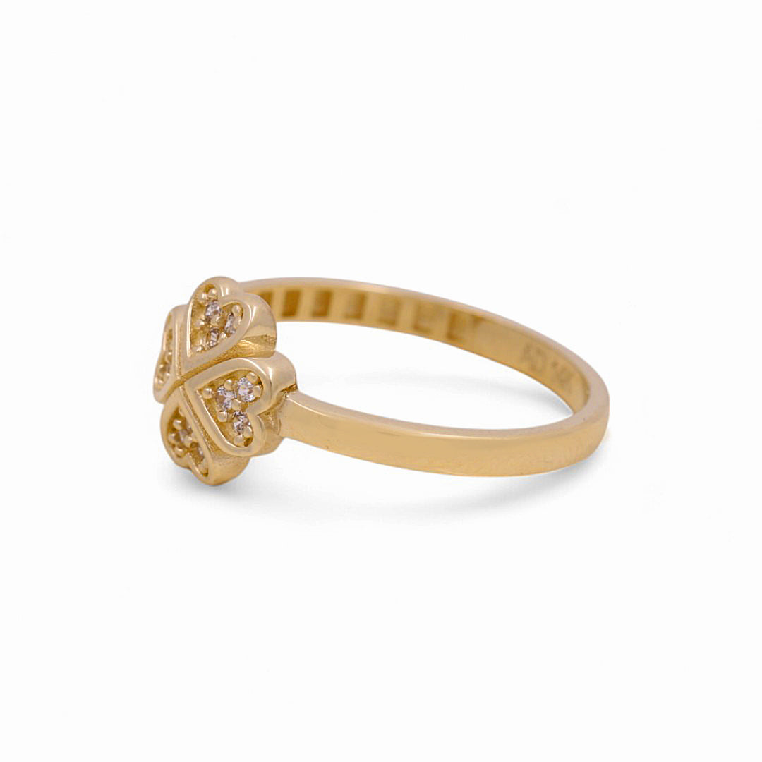 14K Yellow Gold Clover with Heart Women's Ring with White Cz / Size: 7 / Weight: 1.6 GR / Y24-239