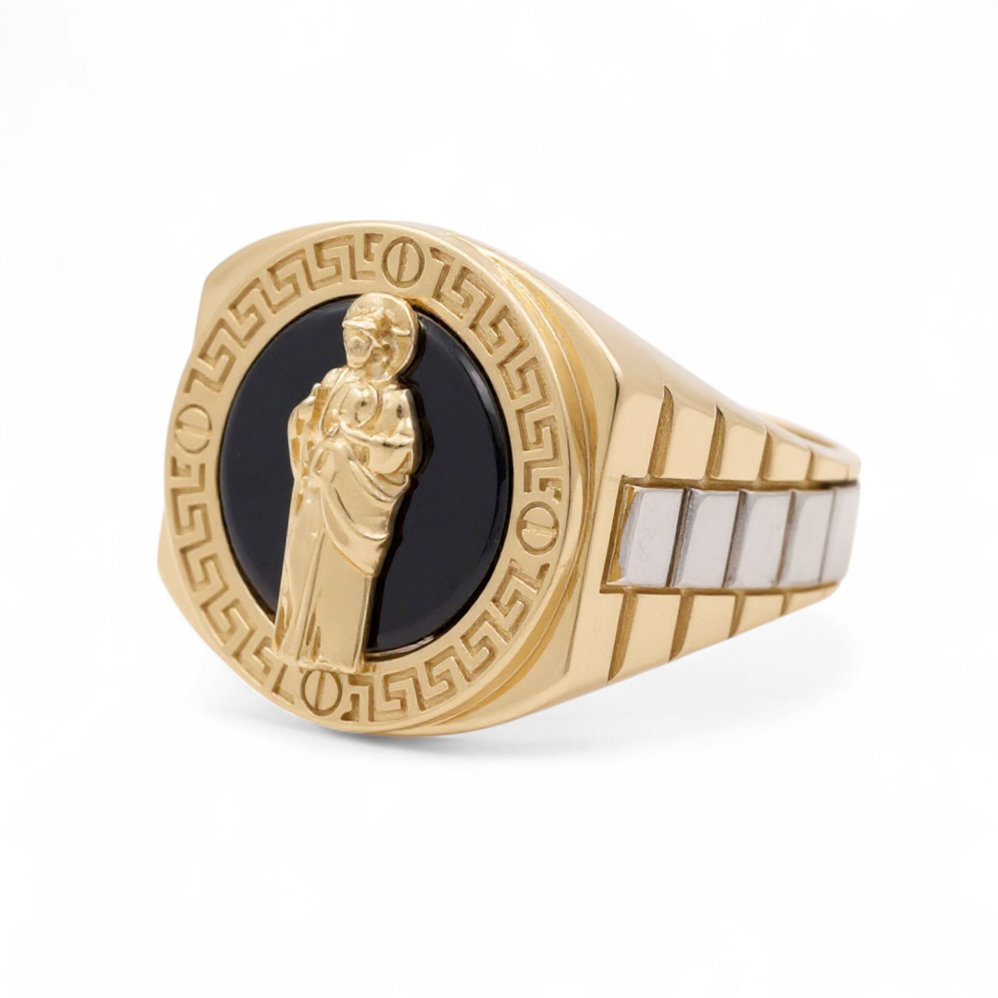 14K Yellow and White Gold San Judas Men's Ring with Greek and Onyx / Size: 12 / Weight: 9.6 GR / CQMRTT4SJ