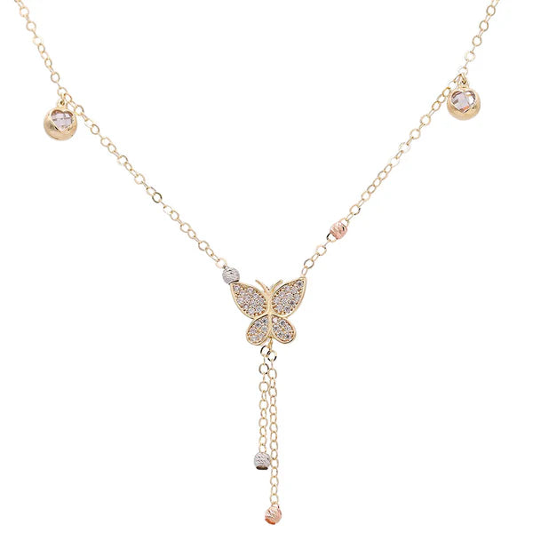 14K Yellow, White and Rose Gold Fashion Women's Necklace With Butterfly Pendant / Size: 18" / Weight: 6.1 GR / Stone: Cz / CONK3T4FS-1