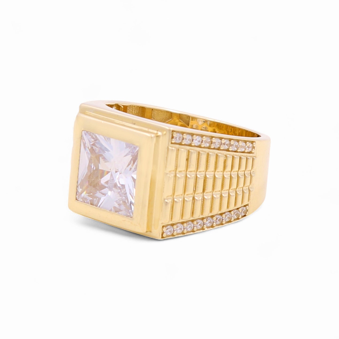 14K Yellow Gold Fashion Square Men's Ring with White Cz / Size 10 / Weight: 9.3 GR / BOMR4FS-41