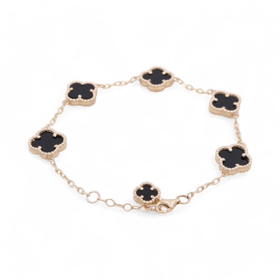 14K Yellow Gold Women's Bracelet with 5 Black Clover / Size 7" / Weight 8.5 GR / BOWB4CLV-6