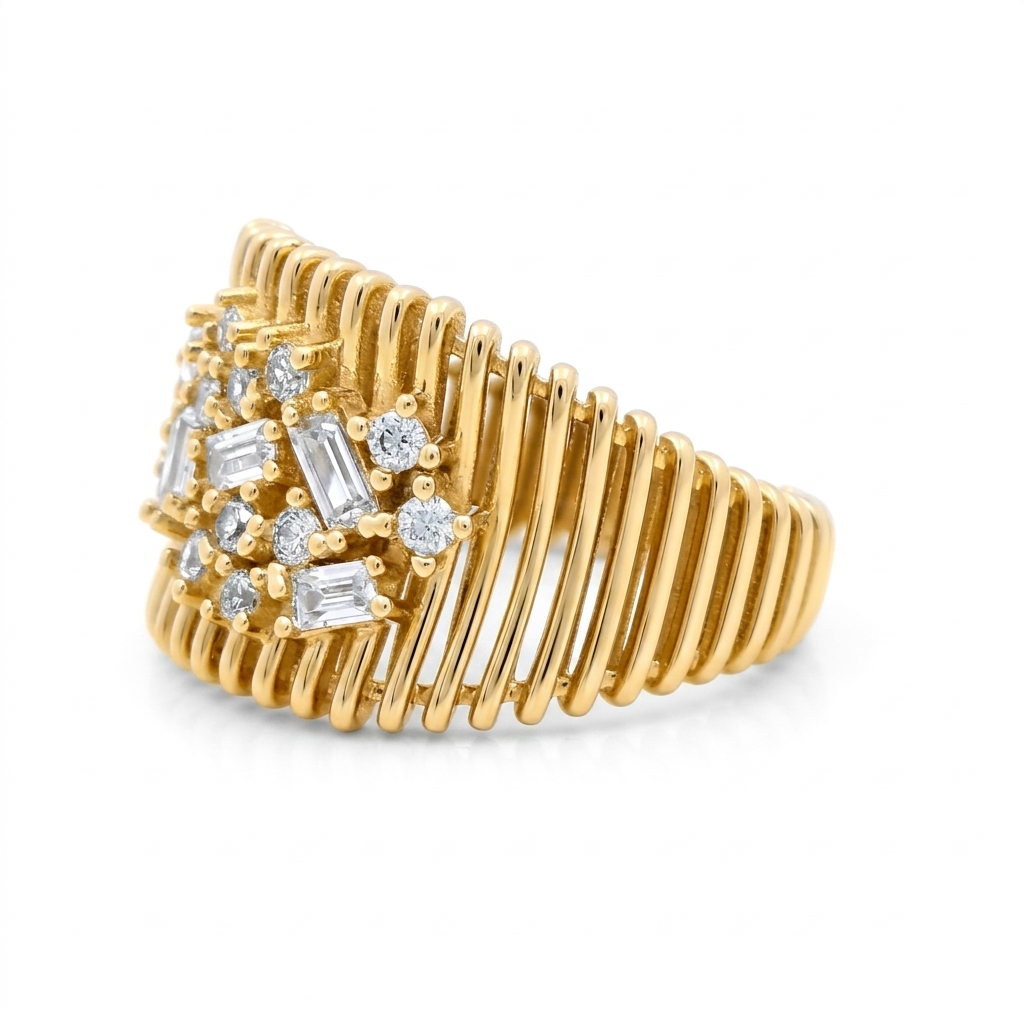 14K Yellow Gold Fashion Baguette Women's Ring with White Stones / Size: 8.5 / Weight: 7.2GR / DQWR4FS-53
