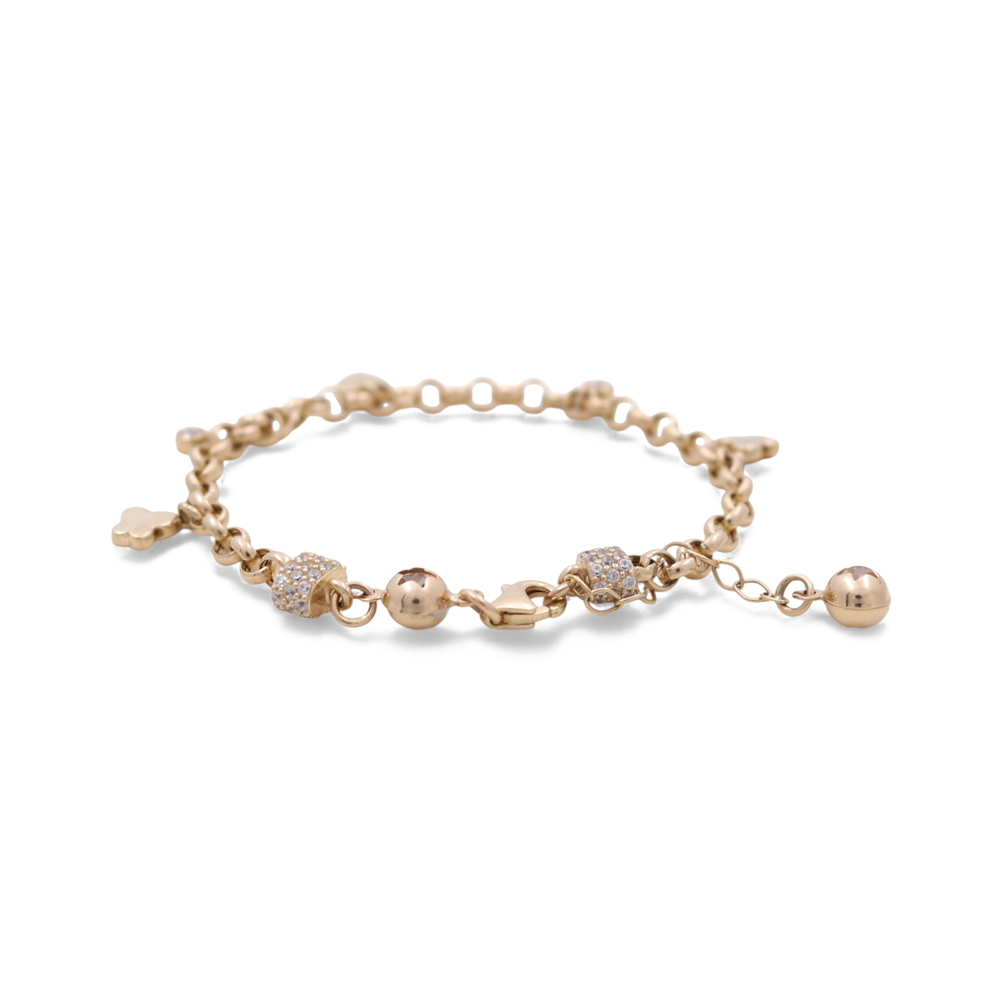 14k Yellow Gold Rolo Link Women's Bracelet with Charms and Cz / Size: 7.5" / Weight: 5.5 GR / CCFWB4FS-3