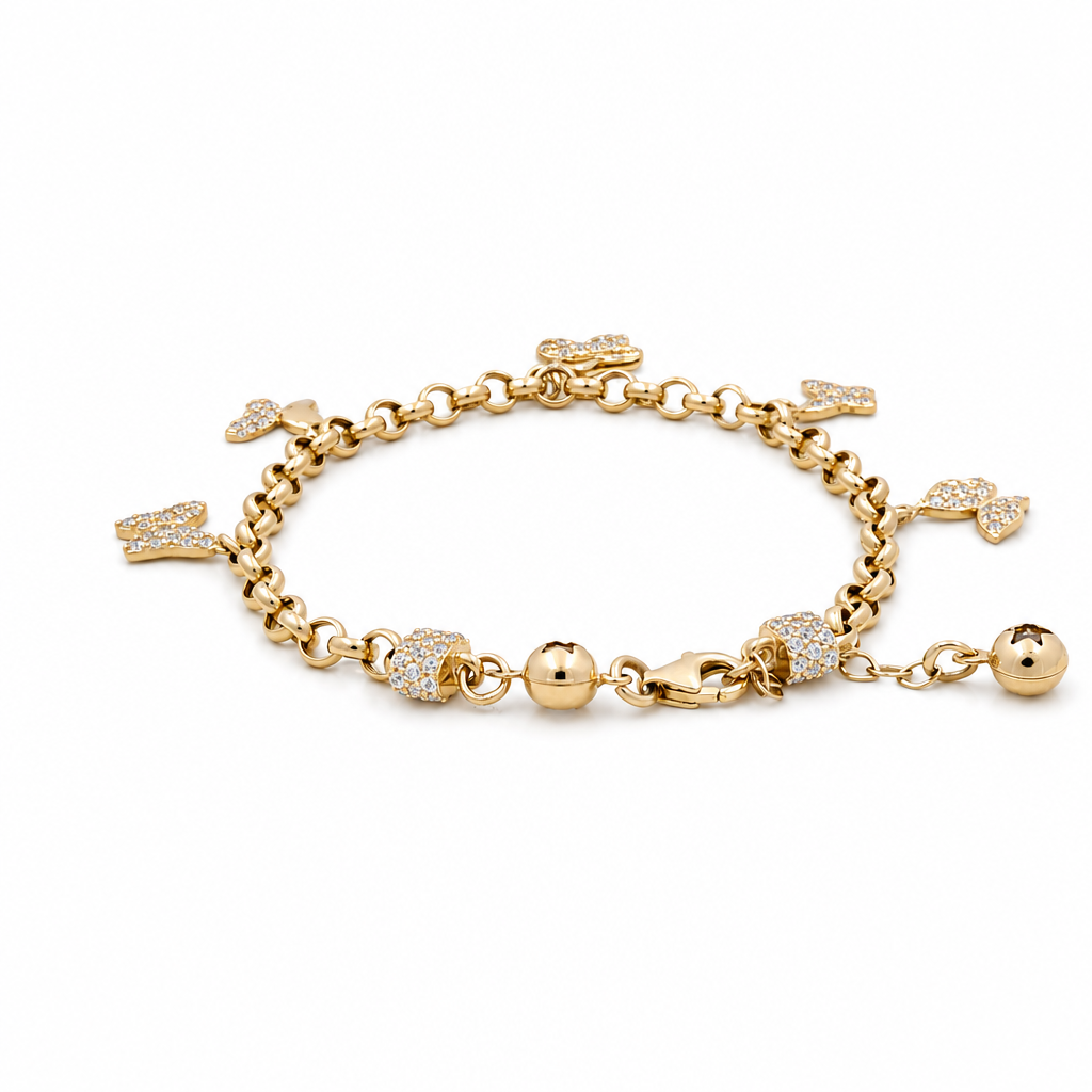 14k Yellow Gold Rolo Link Women's Bracelet with Butterflies and Cz / Size: 7.5" / Weight: 6.9 GR / CCFWB4FS-10