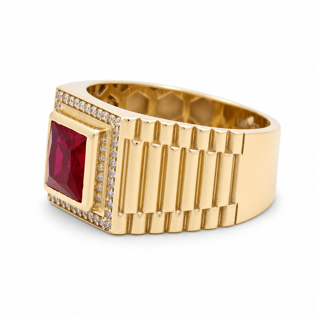 14K Yellow Gold Fashion Square Men's Ring with Red Cz / Size 10 / Weight: 8.6 GR / COMR4FS-74