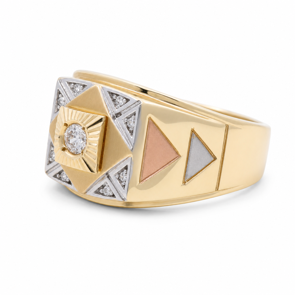 14K Yellow, White and Rose Gold Fashion Men’s Ring with Cz / Size 10 / Weight: 7.9 GR / CEEMR3T4FS