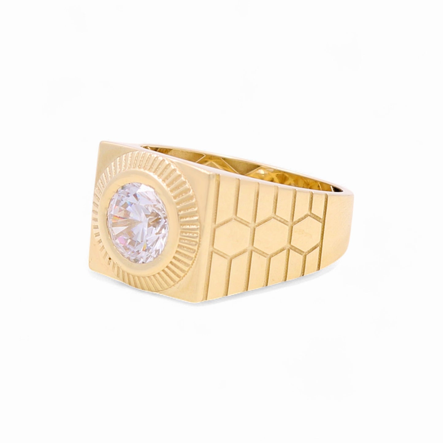 14K Yellow Gold Fashion Round Men's Ring with White Cz / Size 10 / Weight: 6.7 GR / BOMR4FS-39