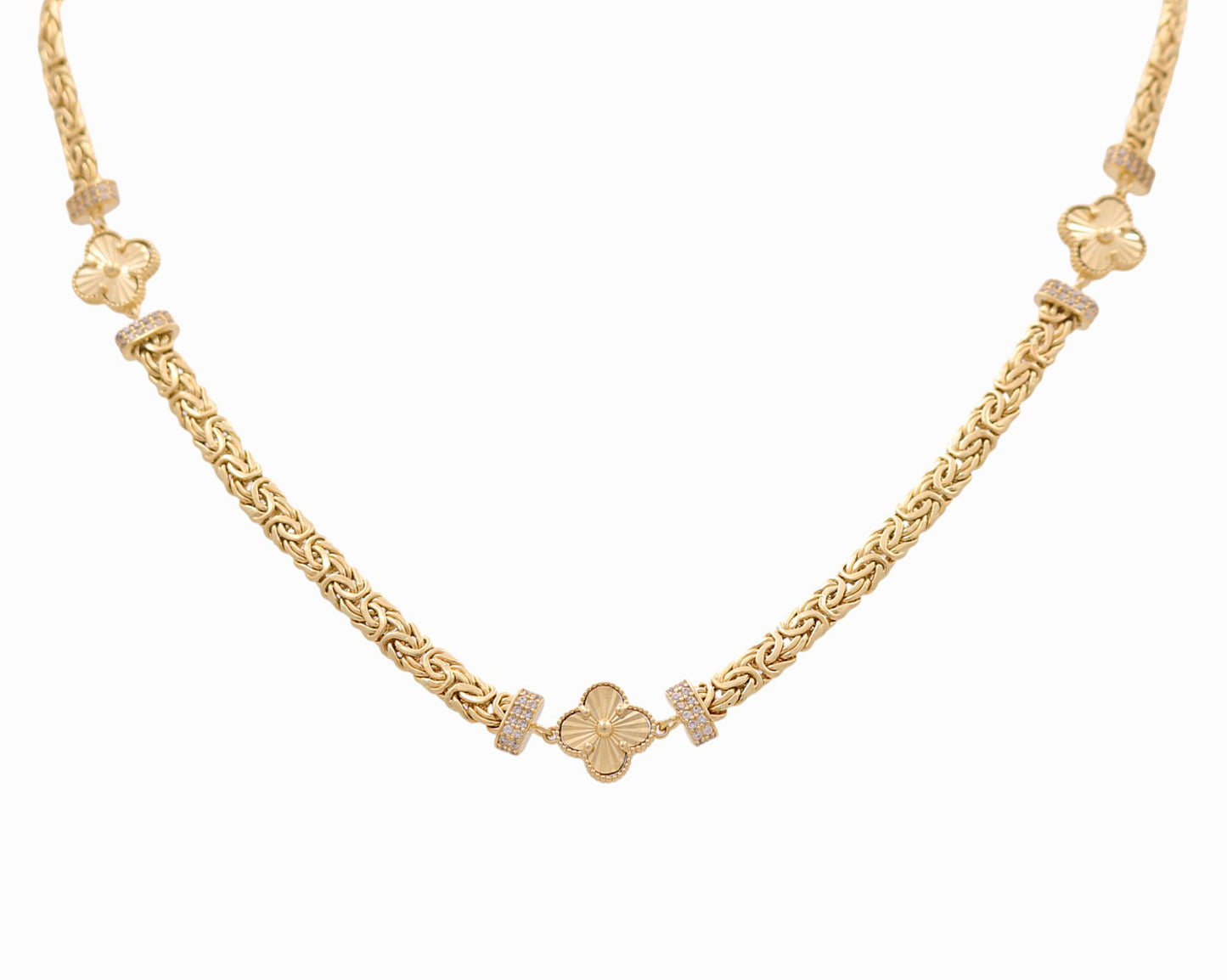 14K Yellow Gold Byzantine Link Women's Necklace with Three Clover / Stone: Cz / Size: 17.5" / Weight: 15GR / DQNK4BZCLV