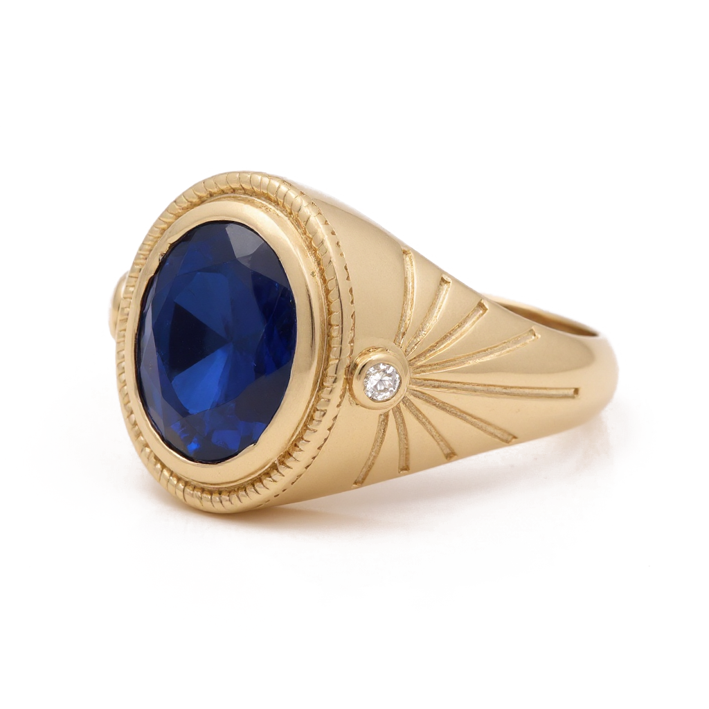 14K Yellow Gold RD Fashion Men's Ring with Blue Cz / Size: 10 / Weight: 7 GR / BOMR4FS-44