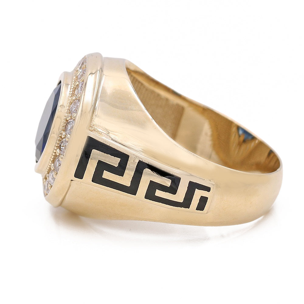 Blue Round Stone with Greek Pattern Ring