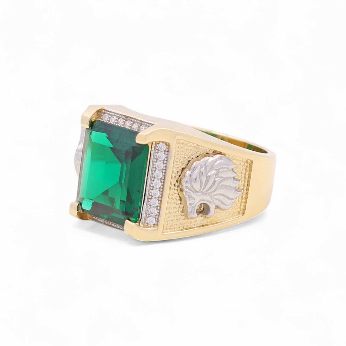 14k Two Tone Square Men's Ring with Lion and Green and White Cz / Size 10 / Weight 10.9 GR /  BOMRTT4FS-2
