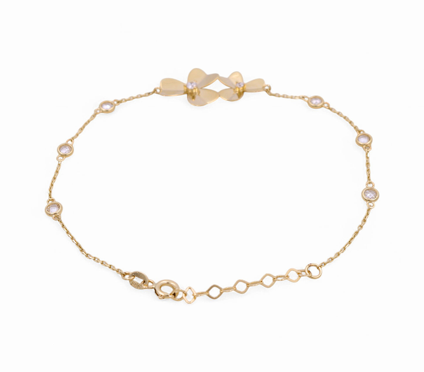14K Yellow Gold Women's Fashion Two Flowers Bracelet / CZ / Size: 7" / Weight: 2.6 GR / P55S-5