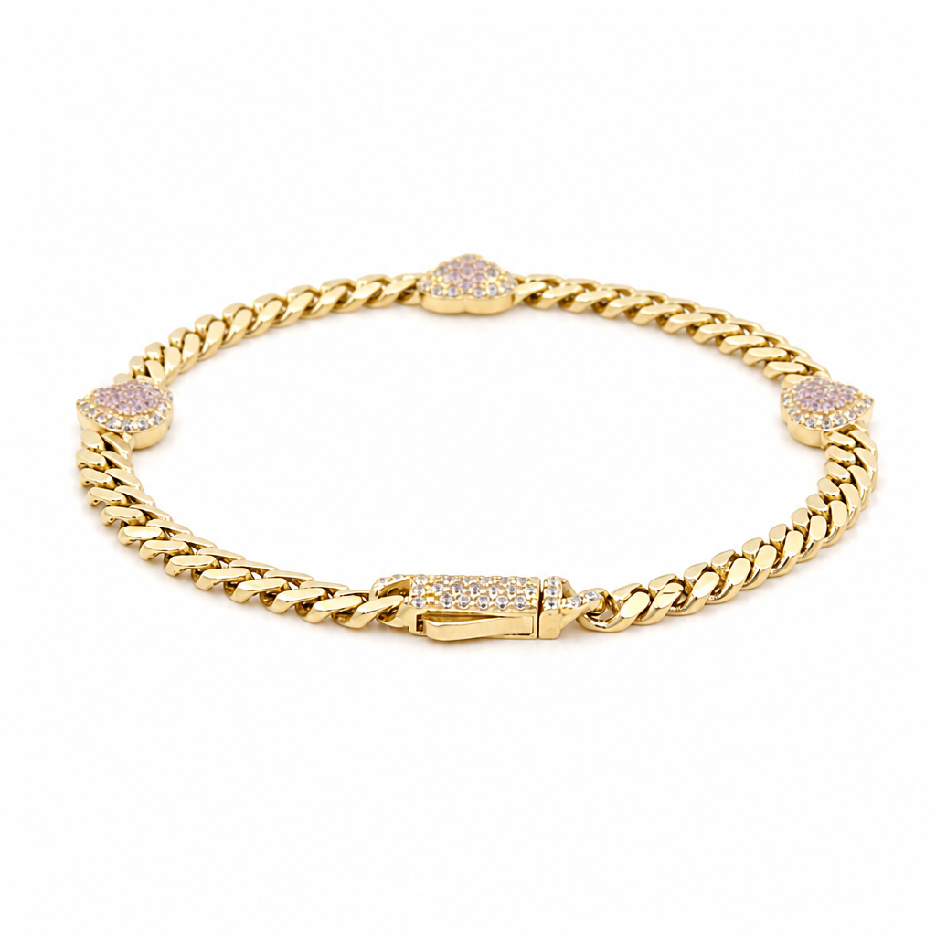 10K TF Yellow Gold Women's Pink Heart Bracelet With Cz / Size: 7.5" / Weight: 5.1 GR / DQWB0HR-8