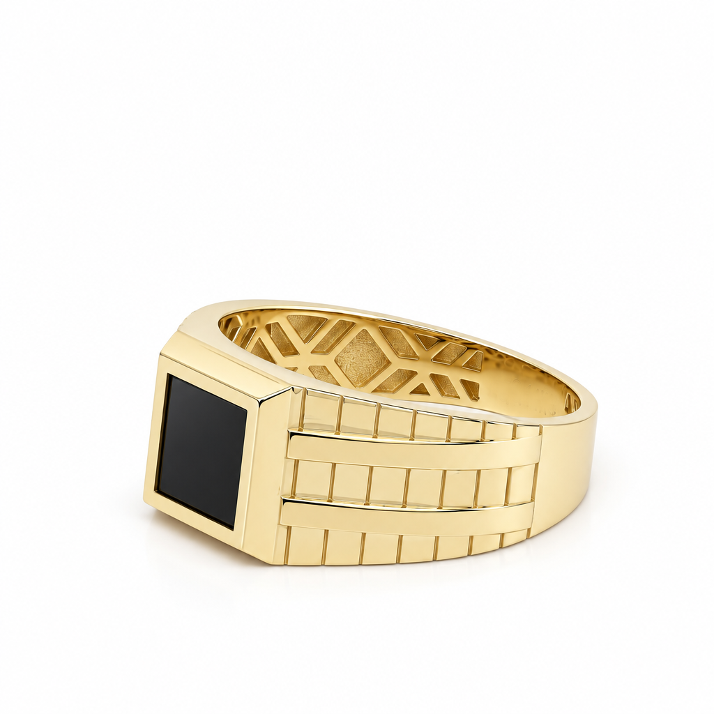 14K Yellow Gold Fashion Men's Ring with Onyx / Size: 11 / Weight: 4.5 GR / DQMR4FS-16