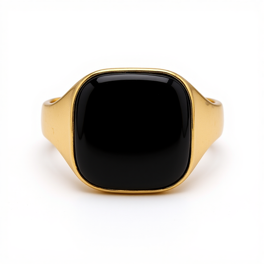 14K Yellow Gold SQ Men's Ring with Onyx / Size: 10.5 / Weight: 6.4 GR / BOMR4FS-46
