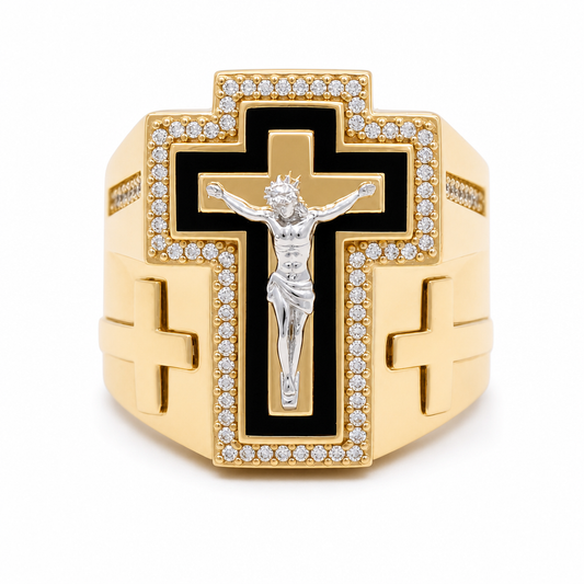 14K I Yellow Gold Men's Ring with a Cross and Christ / Stone: Onyx Cz / Size: 11 / Weight: 14.1 GR / 711-00198
