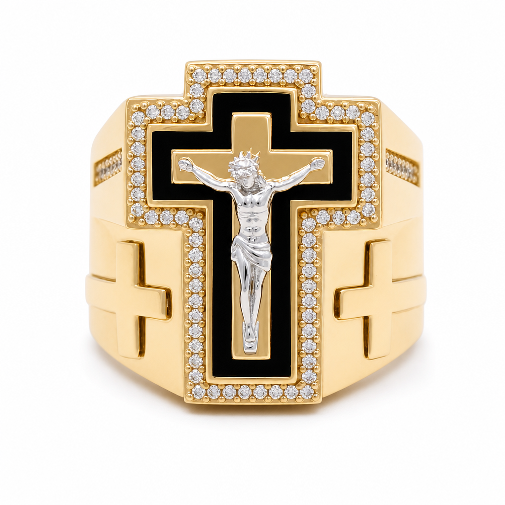 14K I Yellow Gold Men's Ring with a Cross and Christ / Stone: Onyx Cz / Size: 11 / Weight: 12.5 GR / 711-00198