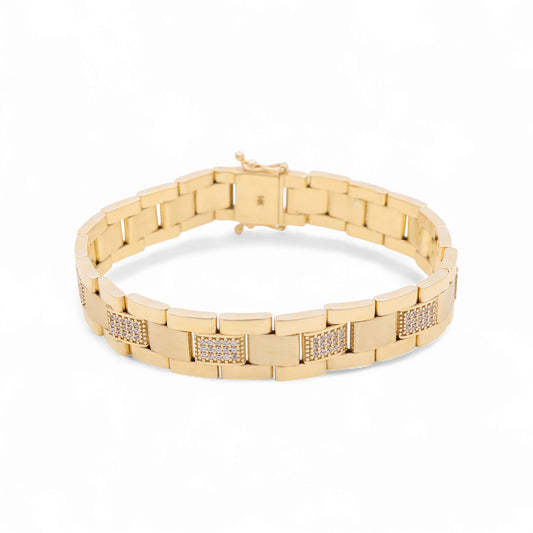 14K Yellow Gold Semisolid Italian Men's Bracelet with Cz / Size: 8" / Weight: 31 GR / 120-03088