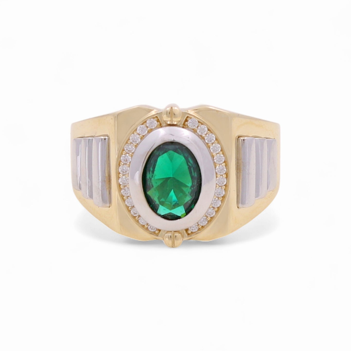 14K Yellow and White Gold Fashion Men's Ring with Green Cz / Size: 10 / Weight: 7.7 GR / KEEMRTT4FS