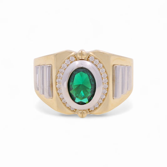 14K Yellow and White Gold Fashion Men's Ring with Green Cz / Size: 10 / Weight: 7.7 GR / KEEMRTT4FS