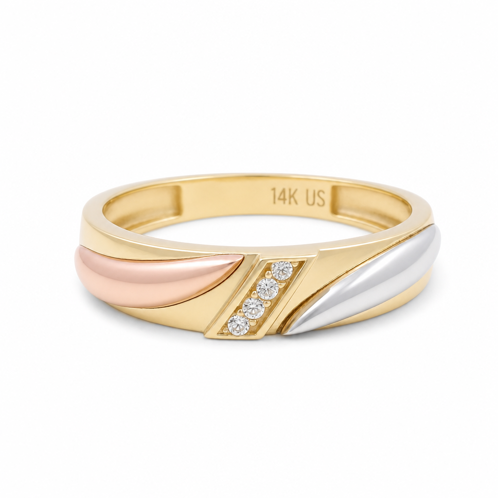 14K Yellow, White and Rose Gold Men's Wedding Band / Size:10 / Stone:Cz / Weight: 3.8 GR / KEEMWB3T4BS-4